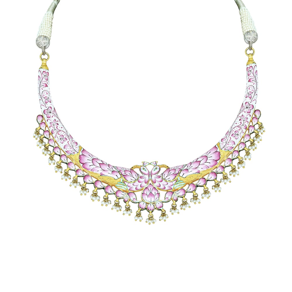 Hasli Necklace with Pink Enamel and Polki Pearls